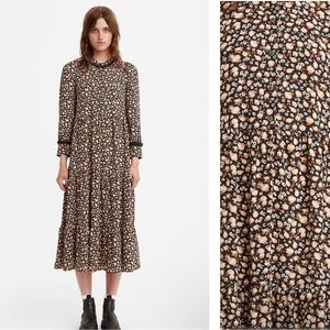 Levi’s Black & Orange Floral Ruffle Tiered Farah Midi Dress